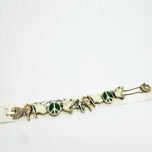 TOFA Vintage Gold-Tone Charm Necklace Peace Sign, Dove, Torch & Enamel Accents